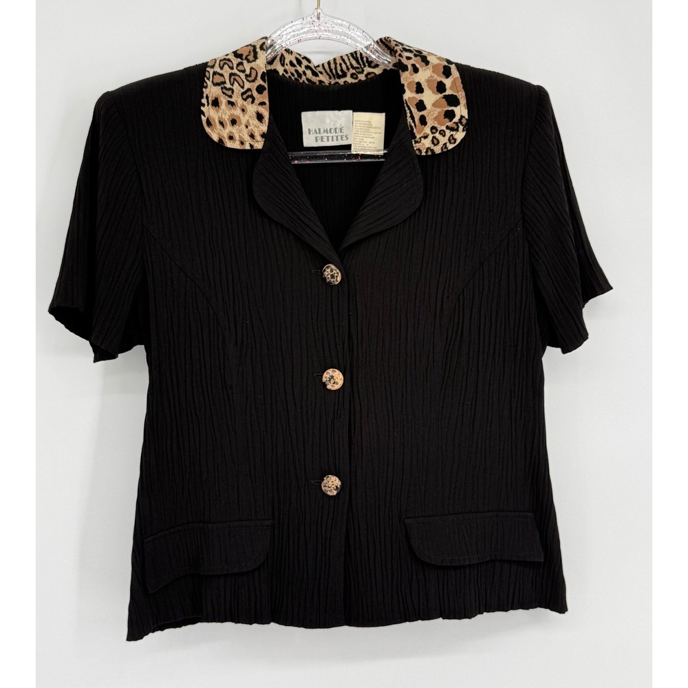 Halmode Petites Vintage Black Animal Print Collar Short Sleeve Blazer Top Sz 10